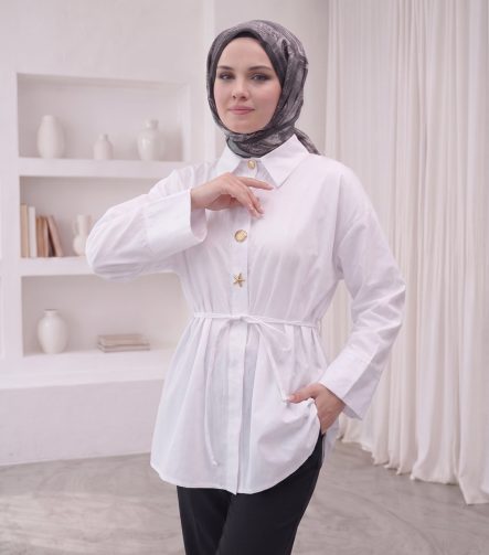 Düğme Detaylı Kemerli Ceket Gömlek - Beyaz – ön görünüm