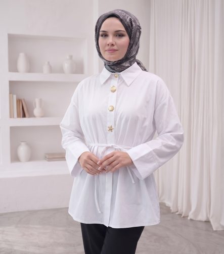 Düğme Detaylı Kemerli Ceket Gömlek - Beyaz – 2. görsel