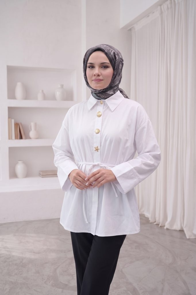 Düğme Detaylı Kemerli Ceket Gömlek - Beyaz – 2. görsel