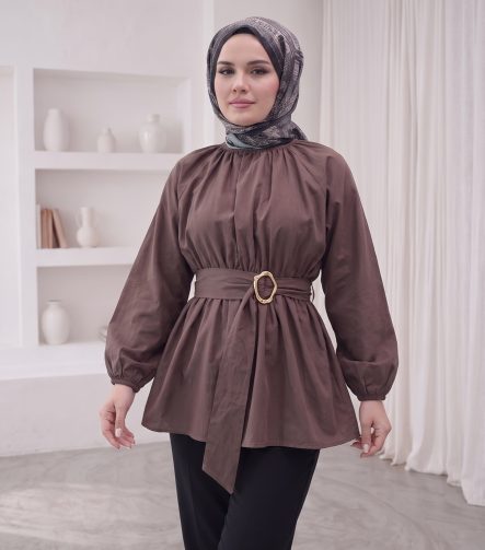 Kemer Detaylı Peplum Tunik Gömlek - Kahverengi – 2. görsel