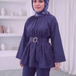 Kemer Detaylı Peplum Tunik Gömlek - Lacivert – ön görünüm