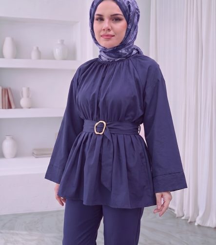 Kemer Detaylı Peplum Tunik Gömlek - Lacivert – ön görünüm