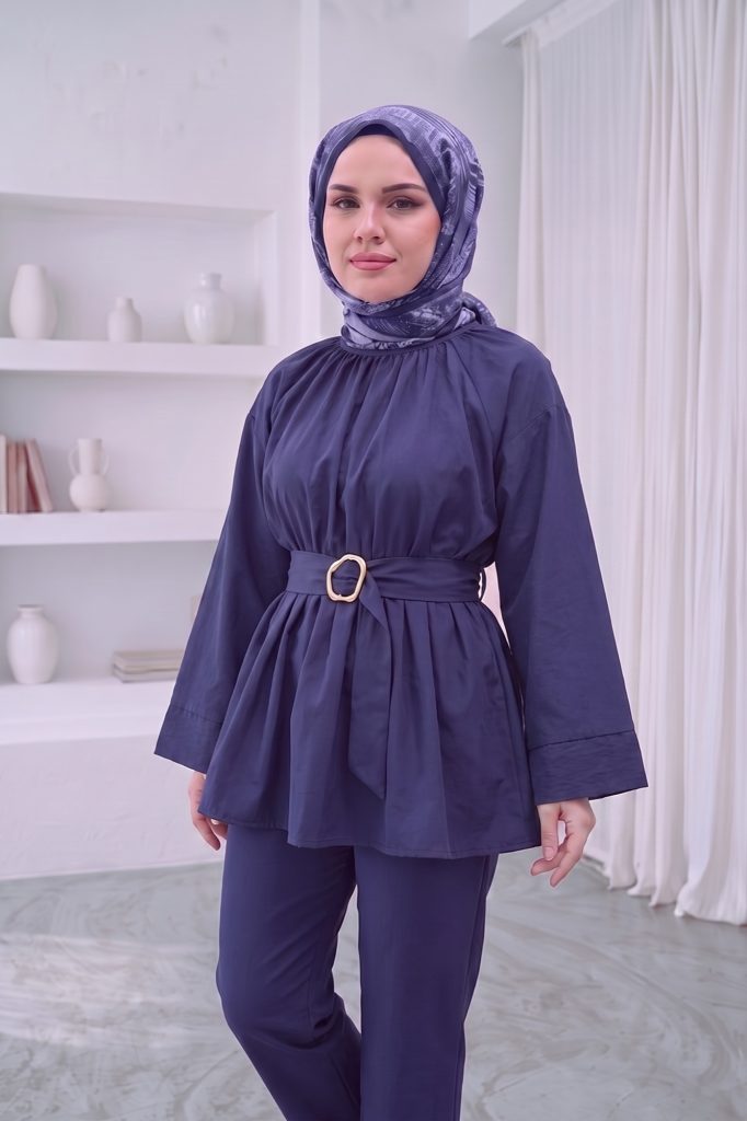 Kemer Detaylı Peplum Tunik Gömlek - Lacivert – ön görünüm