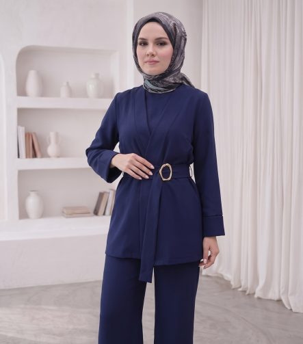 Kemerli Blazer Ceket Takım - Lacivert – ön görünüm
