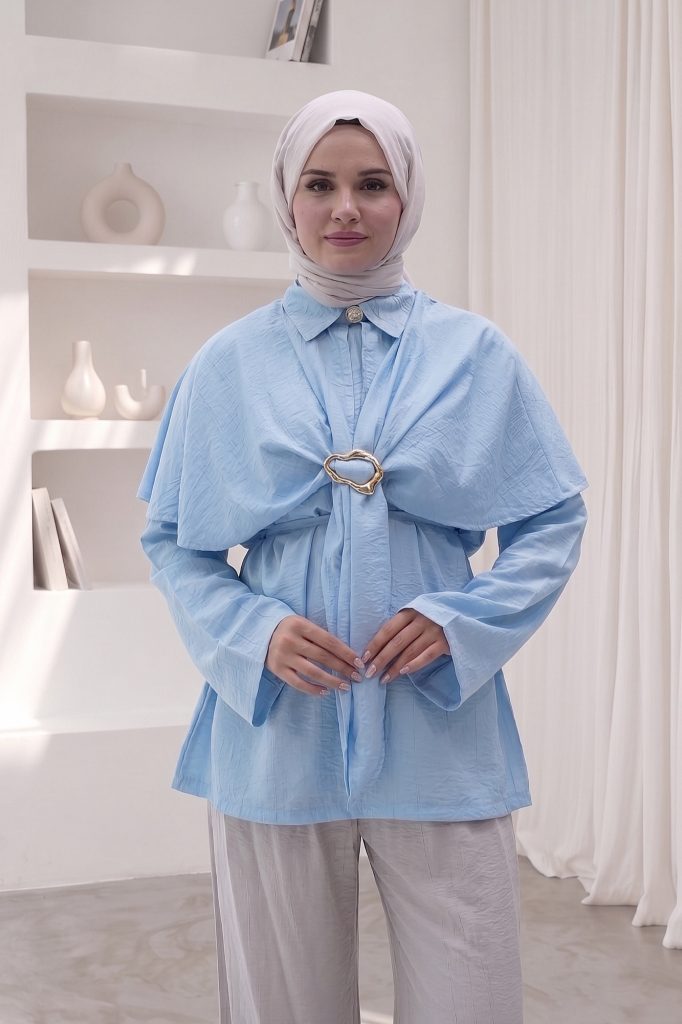 Toka Detaylı Pelerin Gömlek - Bebe Mavi – ön görünüm